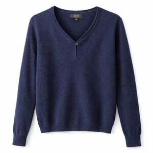 Alex Marie Cashmere Sweater Womens Large Navy Blue V-Neck Button Henley Pullover